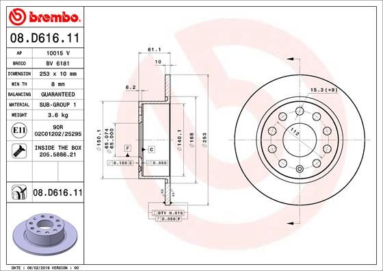 Гальмівний диск, повн., 253мм, кількість отворів 9, Brembo 08.D616.11