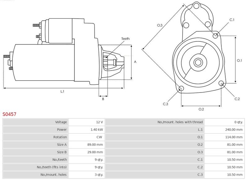 Стартер, 12В, кільк. зубц. 9, 1,40кВт, Auto Starter S0457