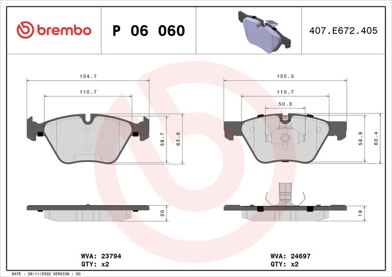 Комплект гальмівних накладок, дискове гальмо, Brembo P06060