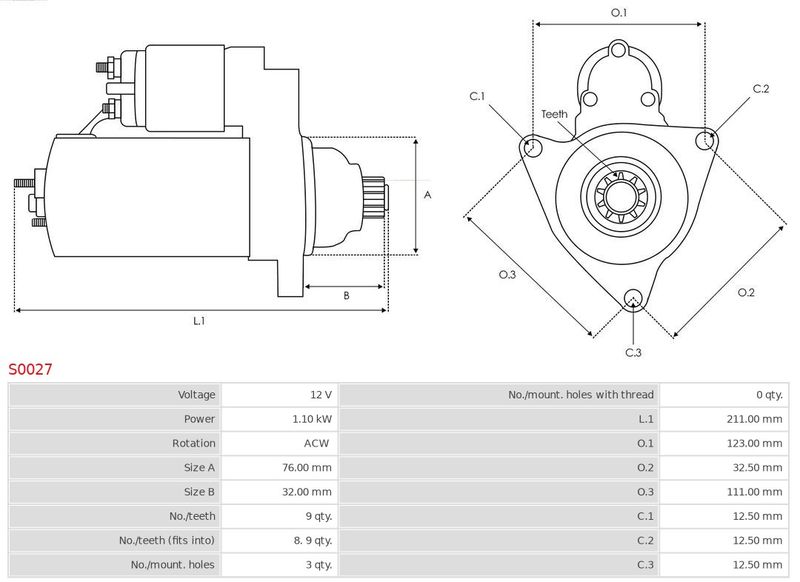 Стартер, 12В, кільк. зубц. 9, 1,10кВт, AUDI A3, FORD GALAXY, SEAT LEON, TOLEDO, SKODA OCTAVIA, VW GOLF IV, SHARAN, Auto Starter S0027