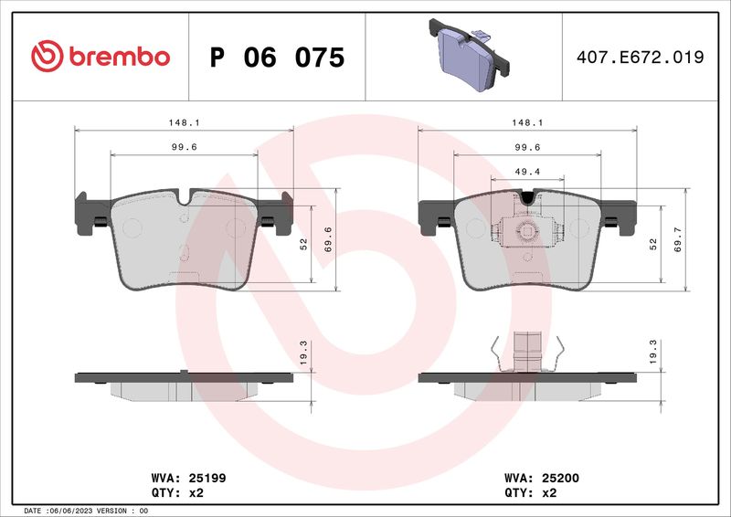 Комплект гальмівних накладок, дискове гальмо, Brembo P06075