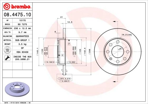 Гальмівний диск, повн., 236мм, кількість отворів 4, Brembo 08.4475.10