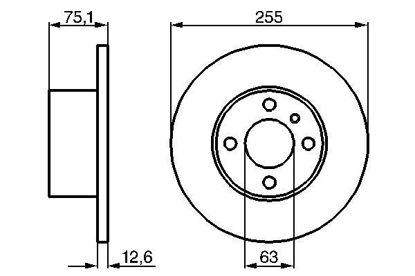 Гальмівний диск, повн., 255мм, кількість отворів 4, Bosch 0986478032